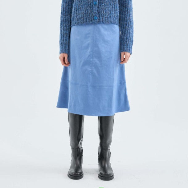 Gonna midi a ruota in camoscio blu
