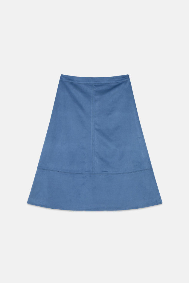 Gonna midi a ruota in camoscio blu