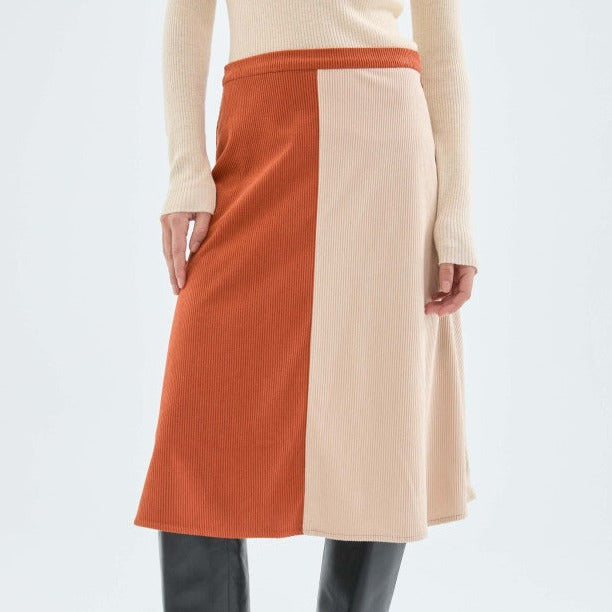 Gonna midi a coste a vita alta bicolore beige