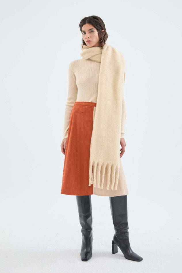 Gonna midi a coste a vita alta bicolore beige