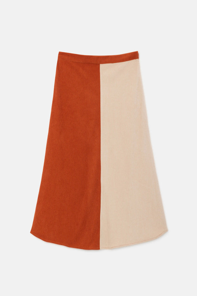 Gonna midi a coste a vita alta bicolore beige