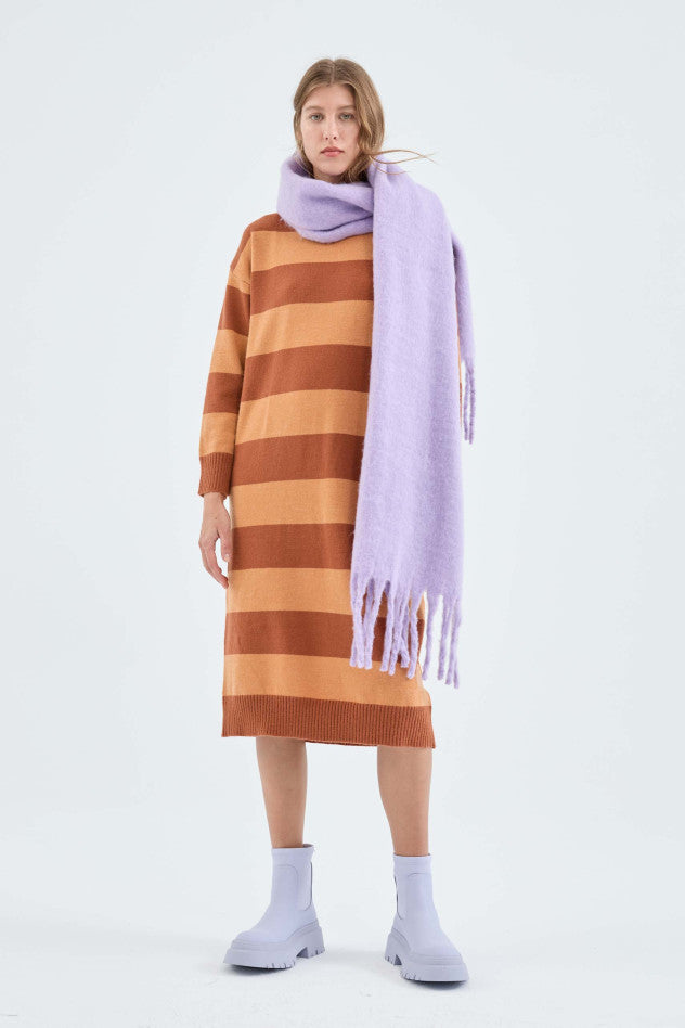 Vestito midi a maglia con stampa a righe marrone