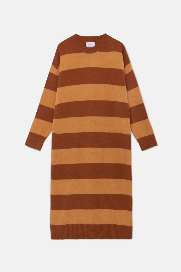 Vestito midi a maglia con stampa a righe marrone