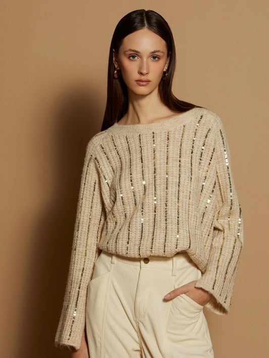 Maglione con ricamo in paillettes ivory