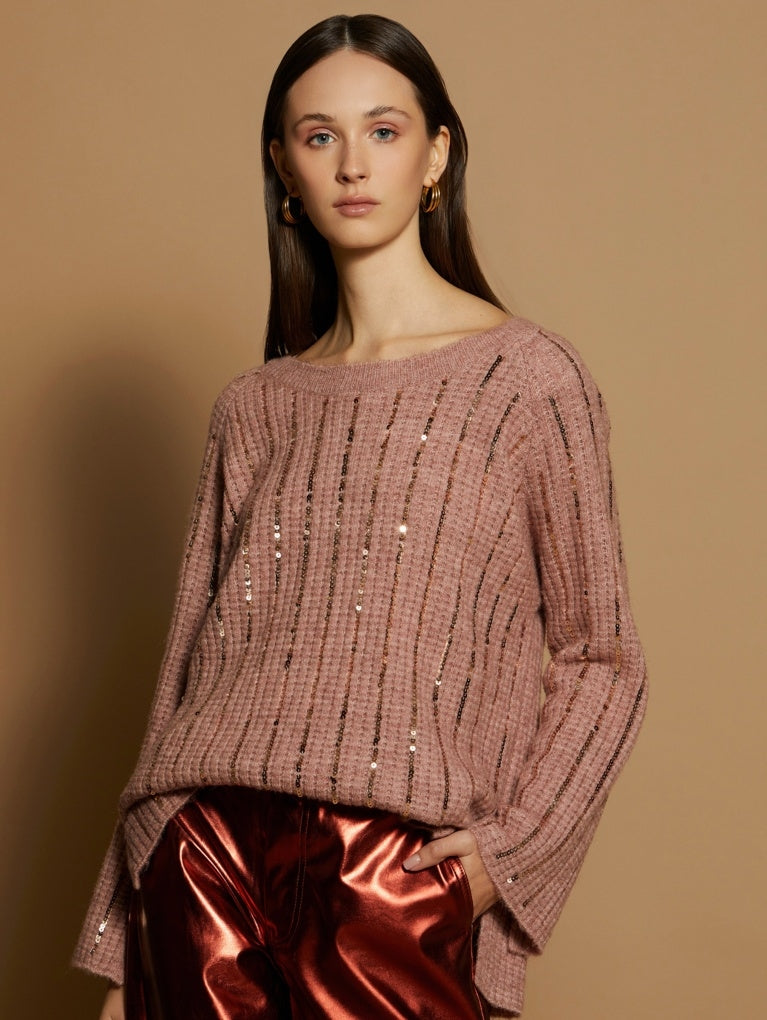 Maglione con ricamo in paillettes rosa